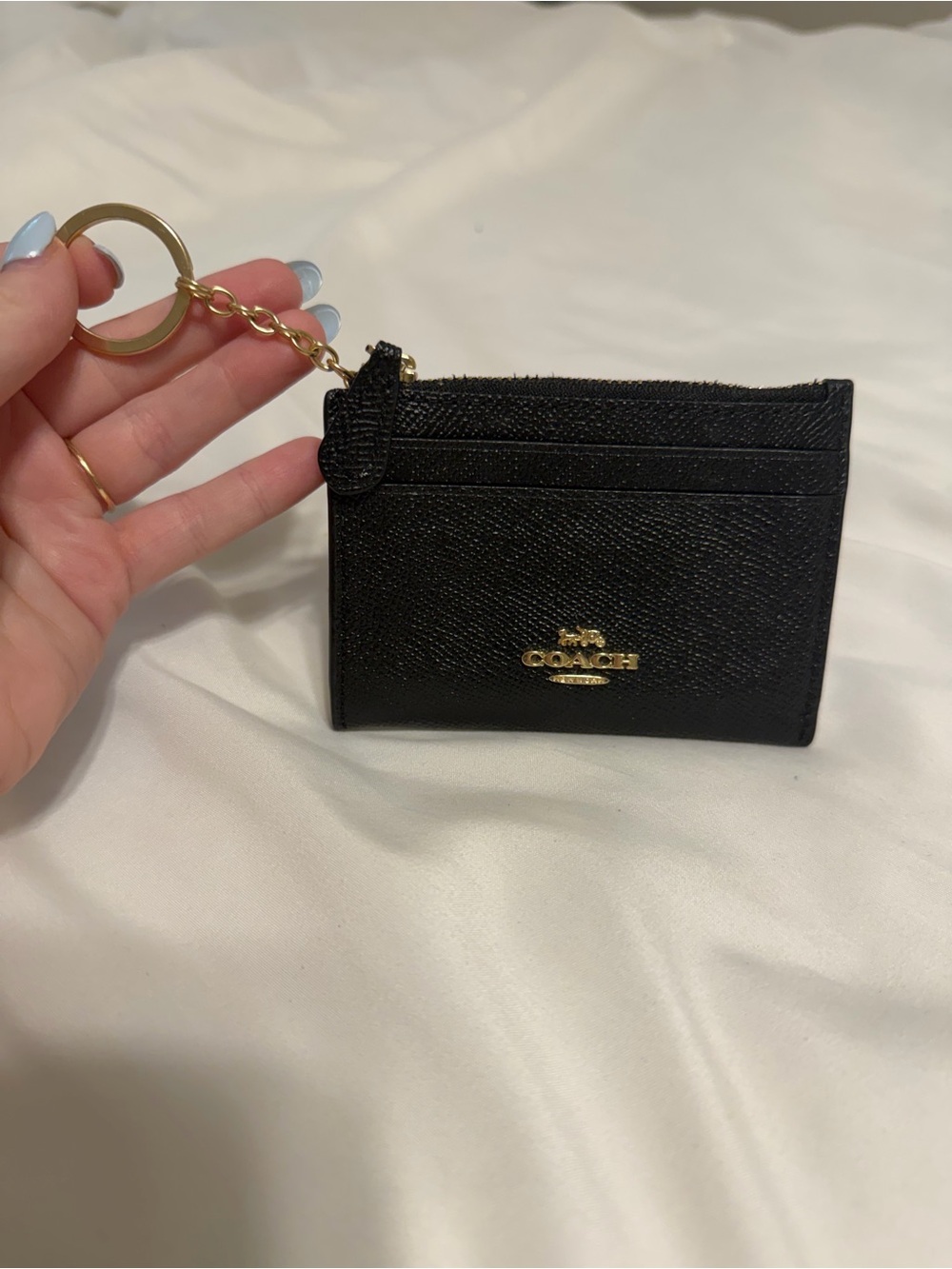 Coach Black Leather Card Case with Gold Keyring